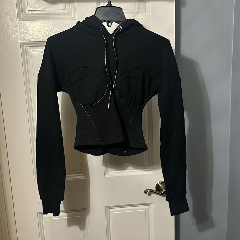 MANIERE DE VOIR CORSET CROPPED HOODIE BLACK